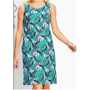 Talbots Giraffe Print Colorful Blue/Green & White Shift Dress size 12 Sleeveless